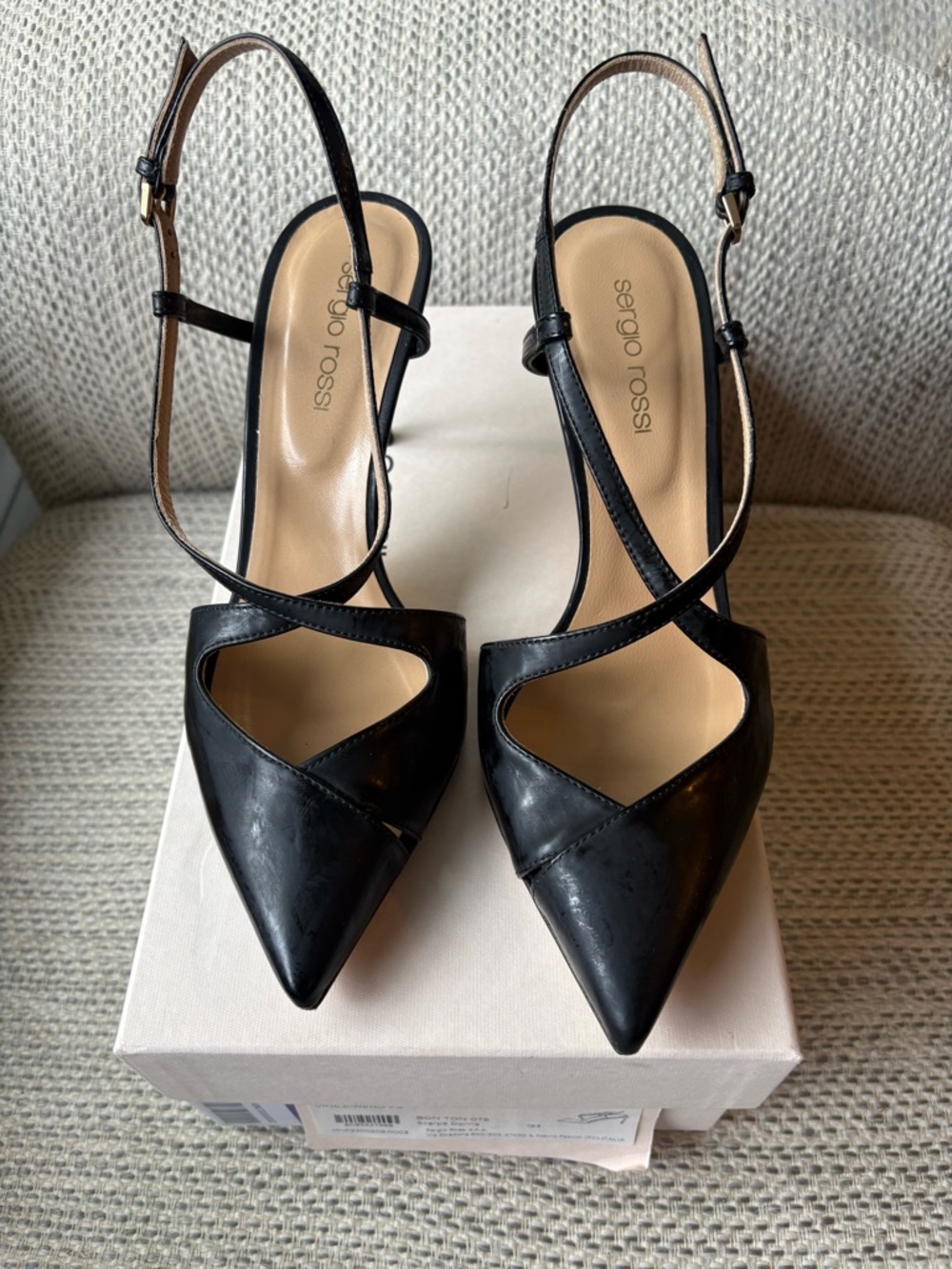 Sergio Rossi Black Pointed Leather Slingback Pumps with Cross Strap